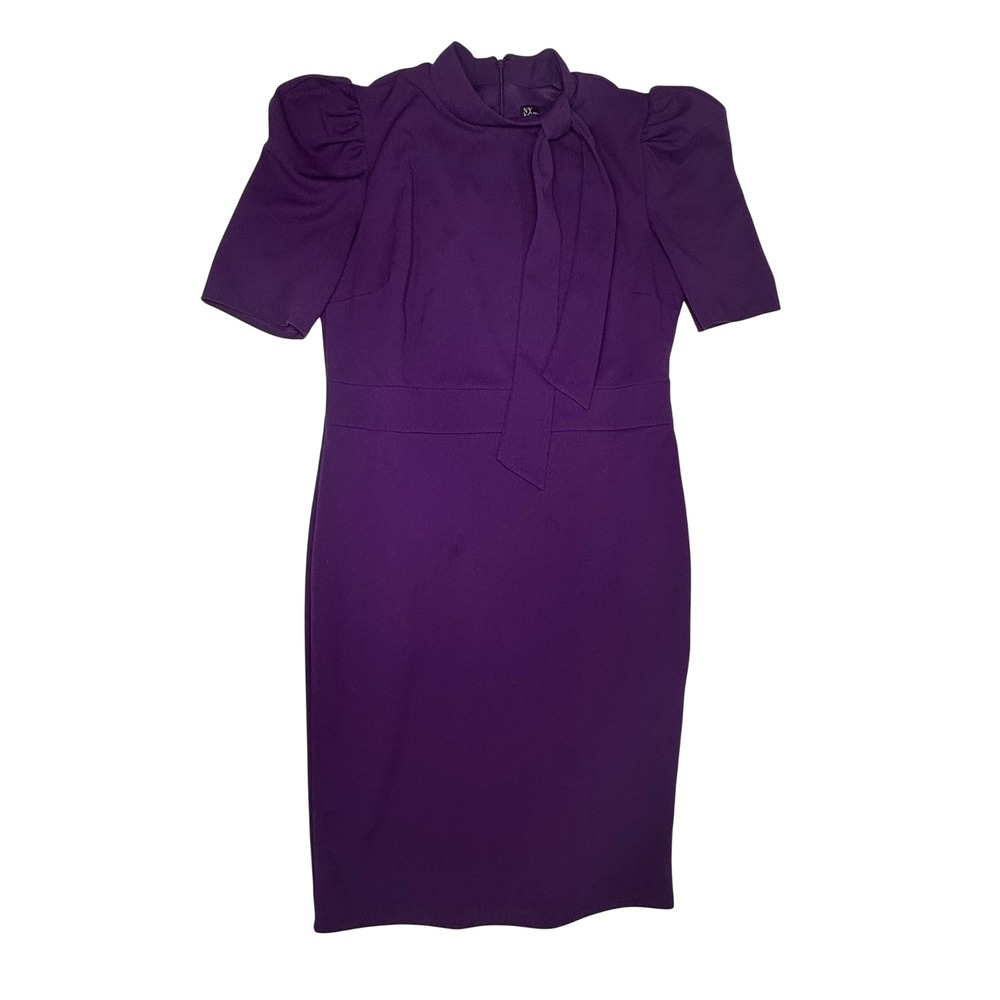 New York & Company Purple Mock Neck Side Tie Puff Sleeve Sheath Dress Womens L